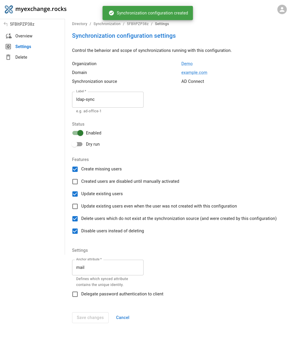 Synchronization configuration settings